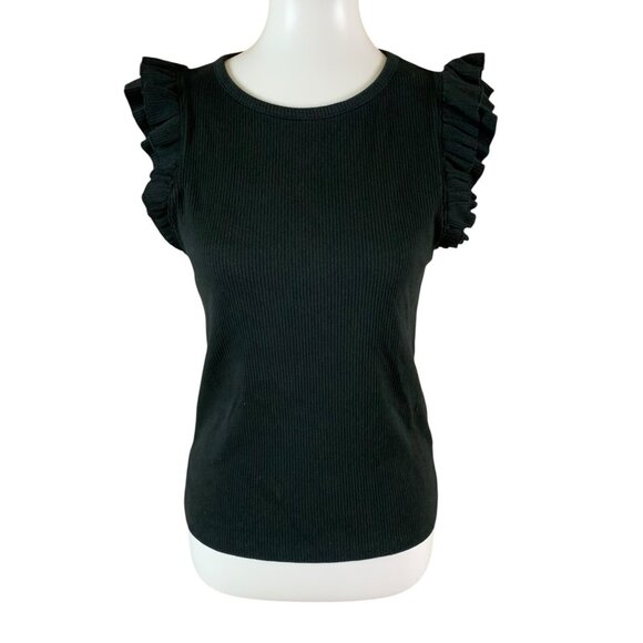 J Crew Black Ribbed Ruffle Sleeve Top M Minimalist Chic Classic Stretch Knit - Picture 1 of 4